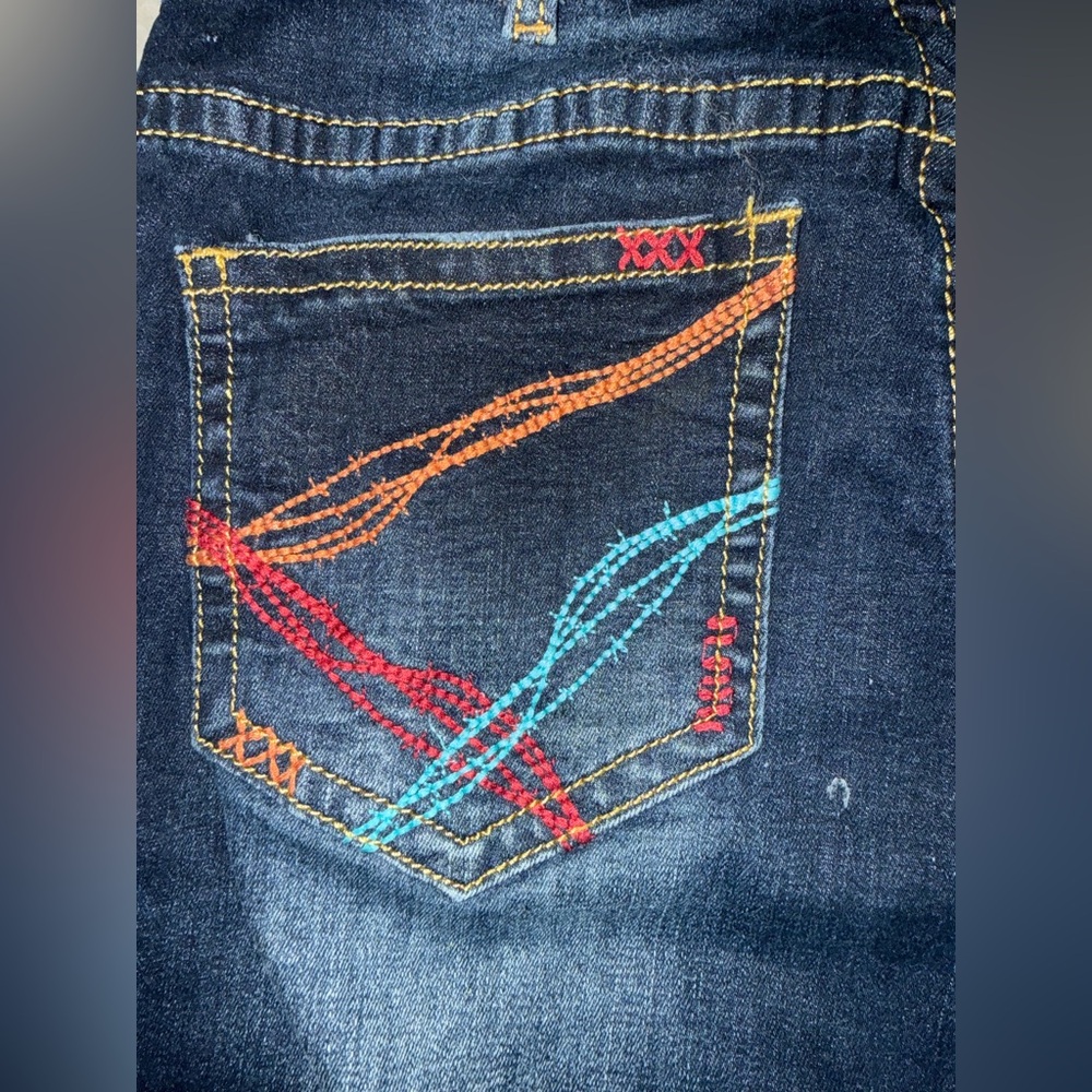 Cowgirl Tuff Dark Wash Flare Jeans with Turquoise & Red Embroidery - Picture 5 of 5
